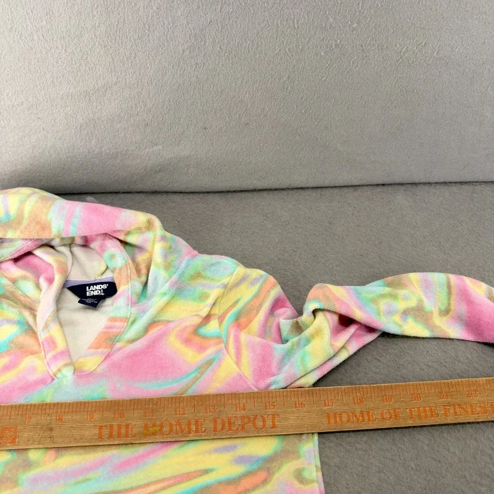 Lands' End Girls L 10/12 Robe Beach Cover Up Hooded Pink Yellow Terry Cloth Swim